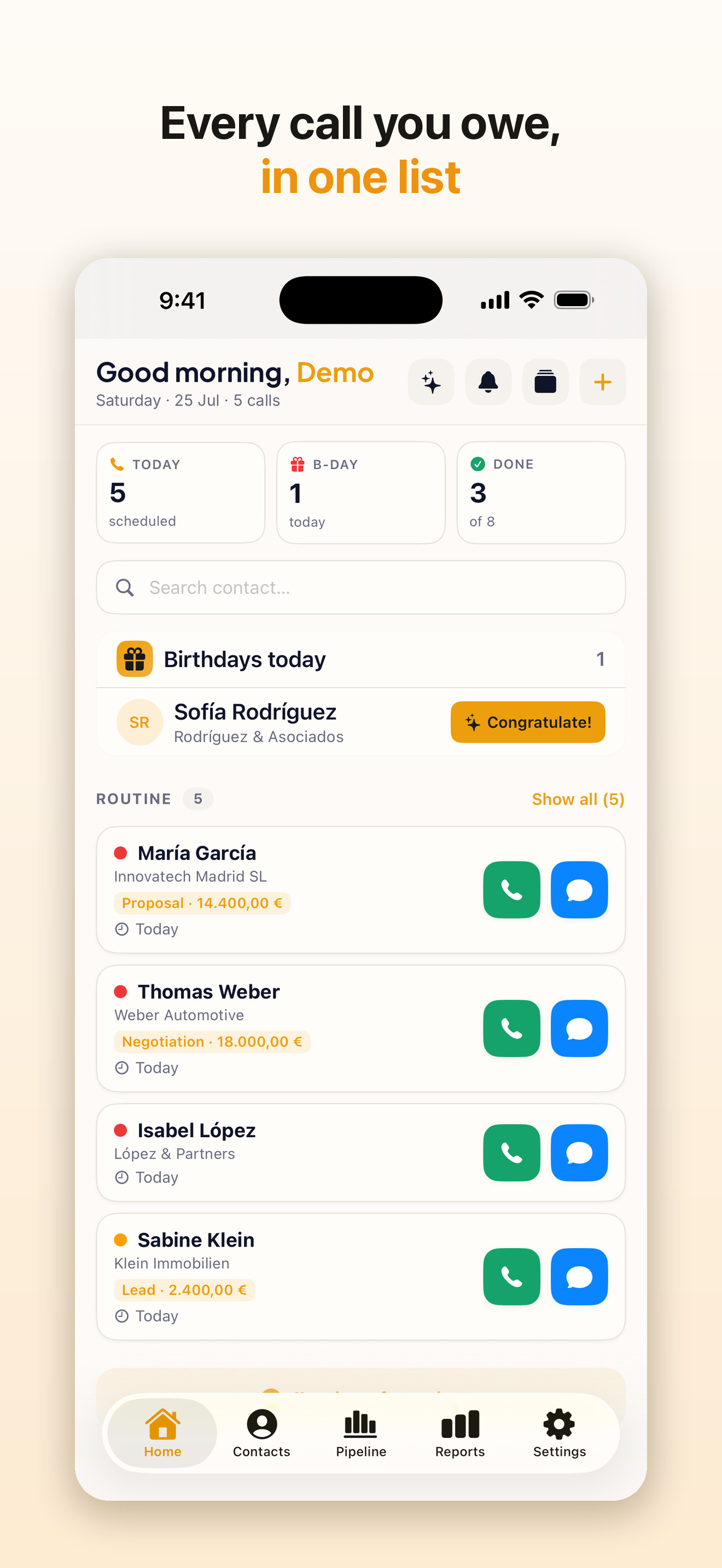 Nexicall marketing screen showing the daily call list