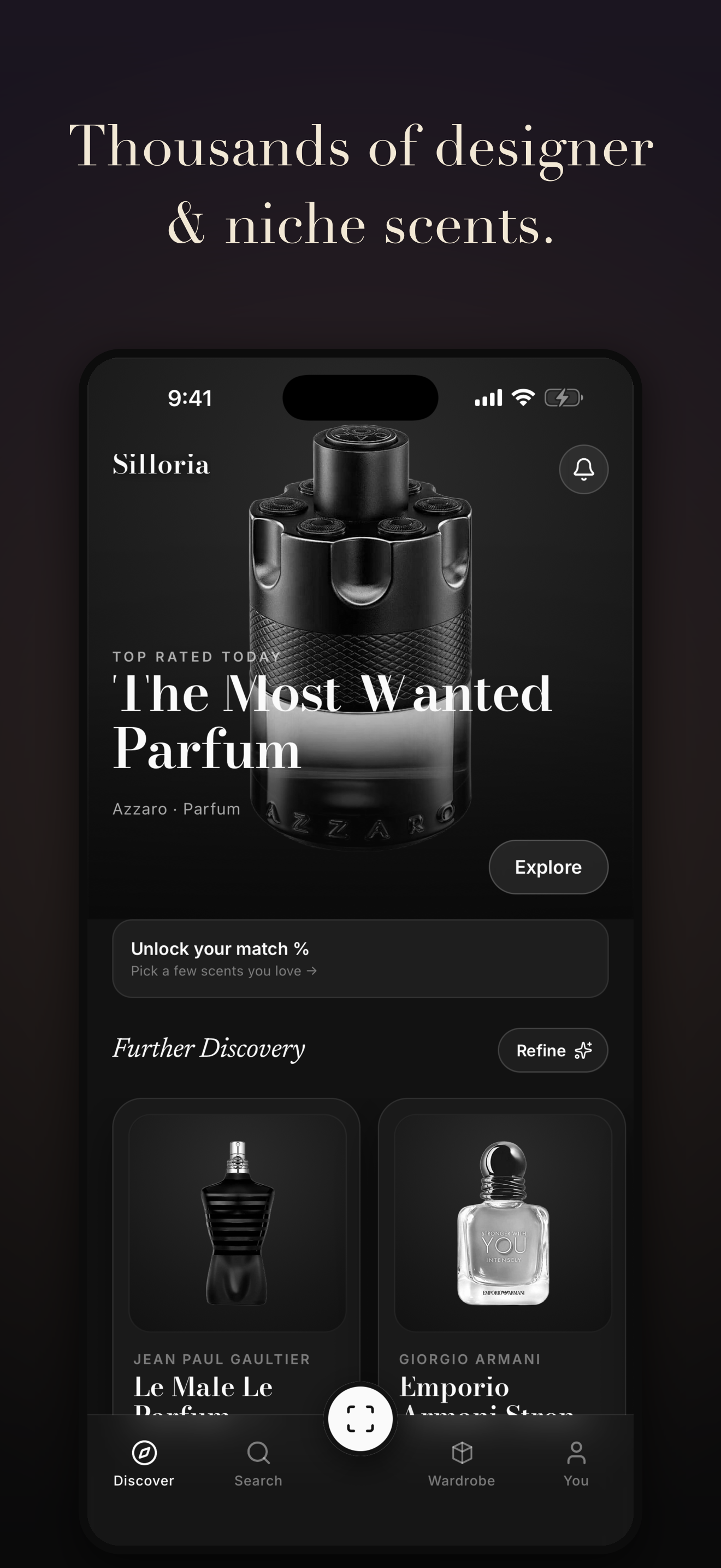 Silloria marketing screen presenting designer and niche fragrance discovery